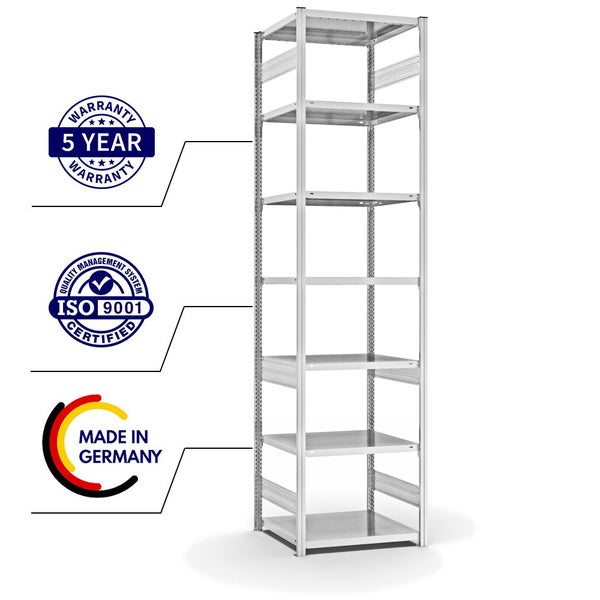 PROREGAL Fachbodenregal Stecksystem T-Profil Light-Duty Grundregal HxBxT 300 x 75 x 60 cm 7 Ebenen Fachlast 140 kg Beidseitig Nutzbar Lichtgrau