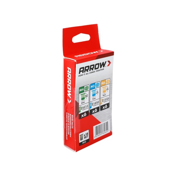 Arrow Blindnietmuttern Set aus Aluminium, 18-teilig, Größen M4, M5 und M6.