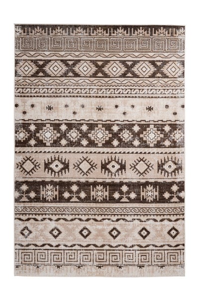 Rechteckiger Teppich mit Ethno-Muster, horizontale Streifen mit geometrischen Motiven in Braun und Beige.