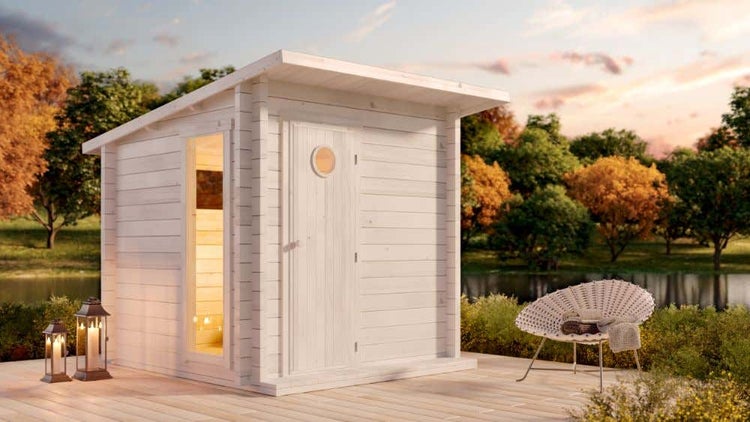Polhus Alpholz Sauna Jussi Gartensauna 2 Sitzbänke aus Holz, Sauna mit 70 mm Wandstärke Außensauna, Naturbelassen