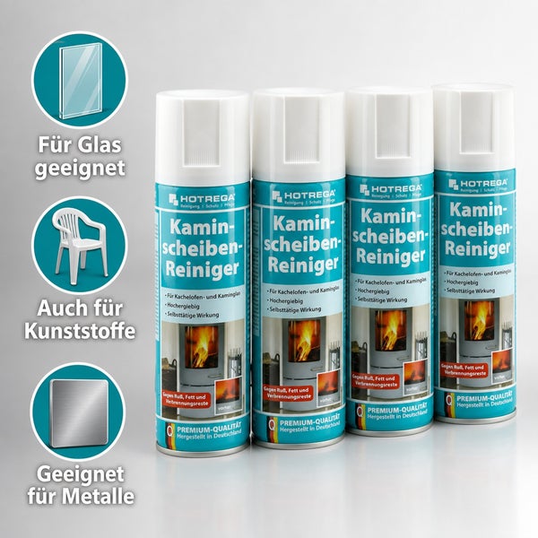 Vier Dosen Hotrega Kaminscheibenreiniger für Kamin und Kachelofen. Geeignet für Glas, Kunststoffe und Metalle. Mit selbsttätiger Wirkungsweise.