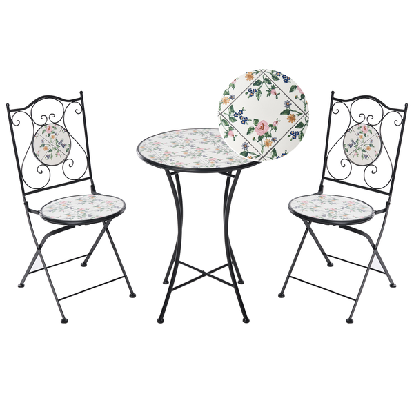 Dreiteiliges Bistro-Set aus schwarzem Metall mit floralem Mosaikmuster, bestehend aus einem runden Tisch und zwei klappbaren Stühlen.