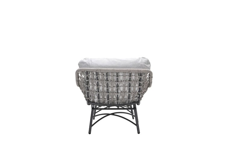 Rückansicht eines Garten-Loungesessels mit Seilgeflecht, Metallgestell und Polsterkissen.