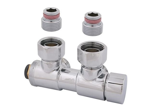 Verchromte Hahnblock-Anschlussarmatur für Heizkörper inklusive zwei Adaptern und Regulierknopf.