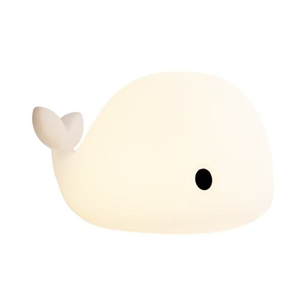 LED Nachtlicht in Walform aus weichem Silikon in Weiß mit schwarzem Auge.