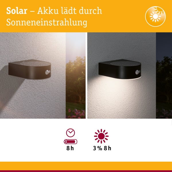 Solarbetriebene Außenwandleuchte mit Bewegungsmelder, zeigt Aufladung bei Tag und Betrieb bei Nacht, 8 Stunden Akkulaufzeit.