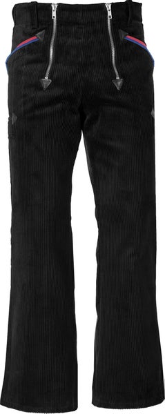 Schwarze Zunfthose aus Trenkercord mit Doppel-Reißverschluss und Schlag.