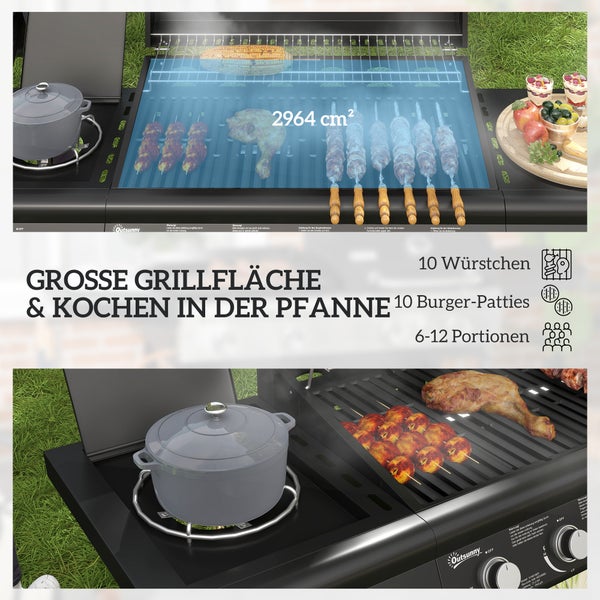 Outsunny Gasgrill 21,2 KW 6+1 Brenner BBQ Grillwagen aus Edelstahl inkl Rolle Seitenbrenner Thermometer Grillrost Kochfeld Seitentisch Gas-Grill für Balkon Camping 144,5 x 56 x 110cm