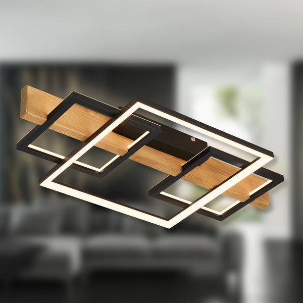 Briloner Cadre LED Deckenlampe, Indirektes Licht, 3 Stufen Schaltung, Holzdekor, Warmweißes Licht, Schwarz-Holz, 55 x 30 x 8 cm
