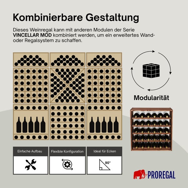 Modulares Weinregal VINCELLAR MOD von PROREGAL, kombinierbare Module, einfacher Aufbau, flexible Konfiguration, ideal für Ecken, PROREGAL Logo.