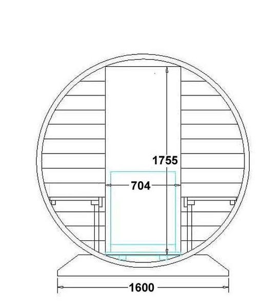 Maßskizze einer Fasssauna mit Maßen für Türöffnung (1755 mal 704 Millimeter) und Sockelbreite (1600 Millimeter).