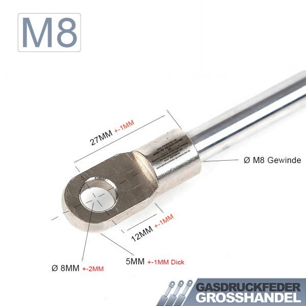 Gasdruckfeder-Augenbefestigung aus Metall mit M8-Gewinde, 8 Millimeter Lochdurchmesser, 27 Millimeter Länge, 12 Millimeter Breite und 5 Millimeter Dicke.