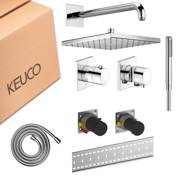 Keuco Duschsystem mit Regenduschkopf, Stabhandbrause, Schlauch, Thermostat, Unterputz-Körpern, Montageschiene und Keuco Logo auf dem Karton.