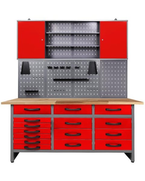 Ondis24 Werkstatteinrichtung 160 Cm – Werkbank + 2 Schränke + Lochwand + LED, Buchenholz-Arbeitsplatte 28 Mm