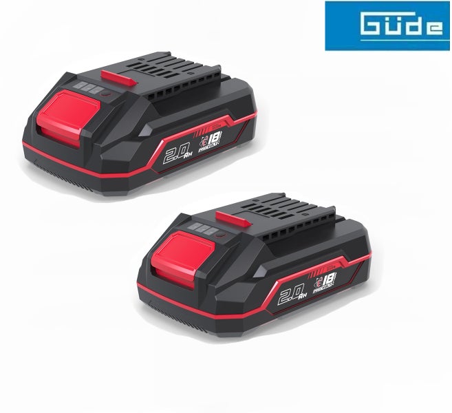 Zwei Güde 18 Volt 2,0 Amperestunden Lithium-Ionen-Akkus. Güde Logo.