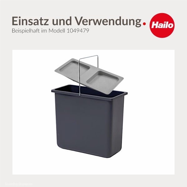 Hailo Abfalleimer mit herausnehmbarem Einsatz und Tragegriff. Hailo Logo.