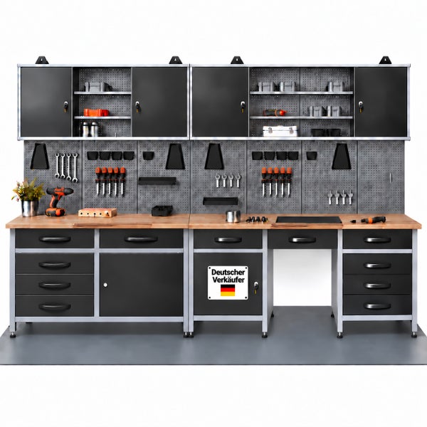 Werkbank mit Lochwand und Hängeschränken, Metall- und Holzausführung, ausgestattet mit Werkzeug, organisiertes und stabiles Design für die Werkstatt