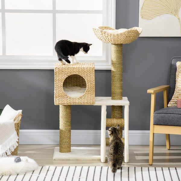 PawHut Kratzbaum 100,5 cm Katzenbaum mit Katzenhöhle, Bett, Treppe, Katzenkratzbaum mit Sisal-Kratzsäulen, Kissen, für Katzen bis 4,5 kg, Natur