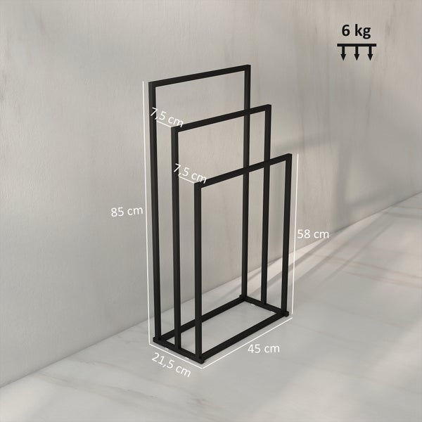 Freistehender Handtuchhalter aus schwarzem Metall mit drei Stangen, 85 Zentimeter hoch, 45 Zentimeter breit, Belastbarkeit 6 Kilogramm.