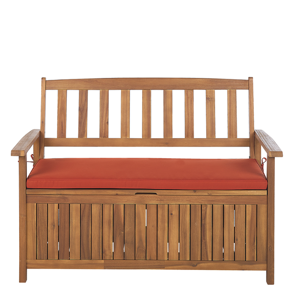 Gartenbank mit Auflage SOVANA 120 cm mit Stauraum Akazienholz Rot