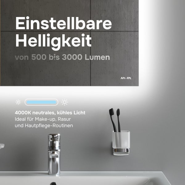 LED-Badspiegel mit einstellbarer Helligkeit von 500 bis 3000 Lumen und neutralem Licht bei 4000 Kelvin. AM.PM Logo.