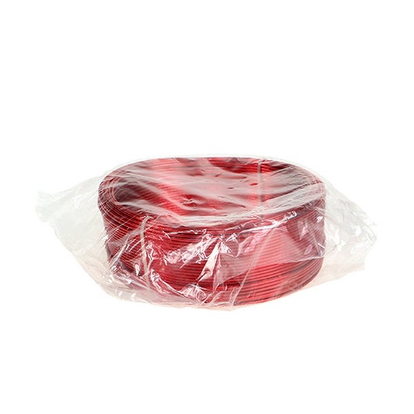 Roter Aluminiumdraht oder Basteldraht, aufgerollt und in transparenter Kunststofffolie verpackt.