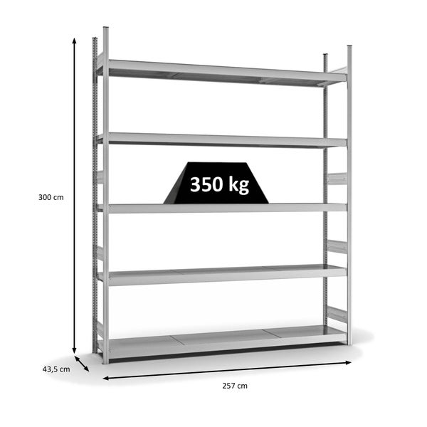 PROREGAL Weitspannregal Stecksystem T-Profil Grundregal HxBxT 300x250x40 cm 5 Ebenen Stahlplatten Fachboden Fachlast 350 kg Verzinkt