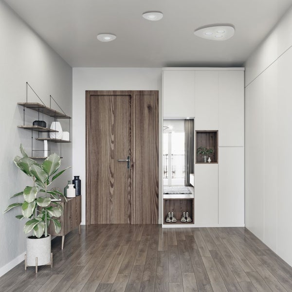 Flur mit Holztür, Garderobe und Zimmerpflanze