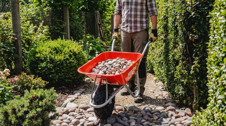 Eine Person schiebt eine mit Steinen gefüllte rote Hecht Schubkarre auf einem Gartenweg zwischen Hecken und Pflanzen.