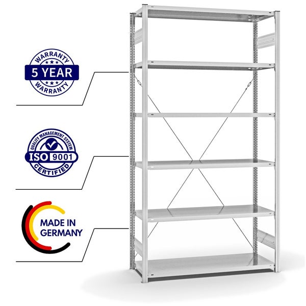 PROREGAL Fachbodenregal Stecksystem T-Profil Light-Duty Grundregal HxBxT 250 x 130 x 50 cm 6 Ebenen Fachlast 185 kg Einseitig Nutzbar Lichtgrau