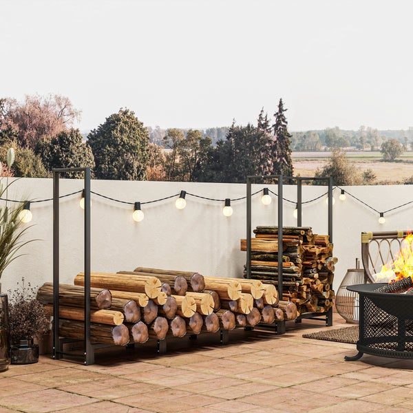 Outsunny Kaminholzregal, mit zwei Abschnitte, drei Haken, für Outdoor, Indoor, bis 300 kg, 240 x 32 x 115 cm, Stahl, Schwarz