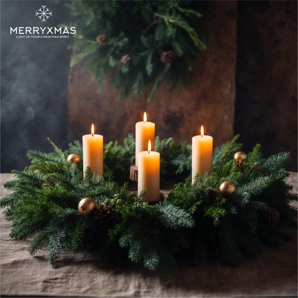 Adventskranz mit vier Kerzen, Tannenzweigen und Dekoration
