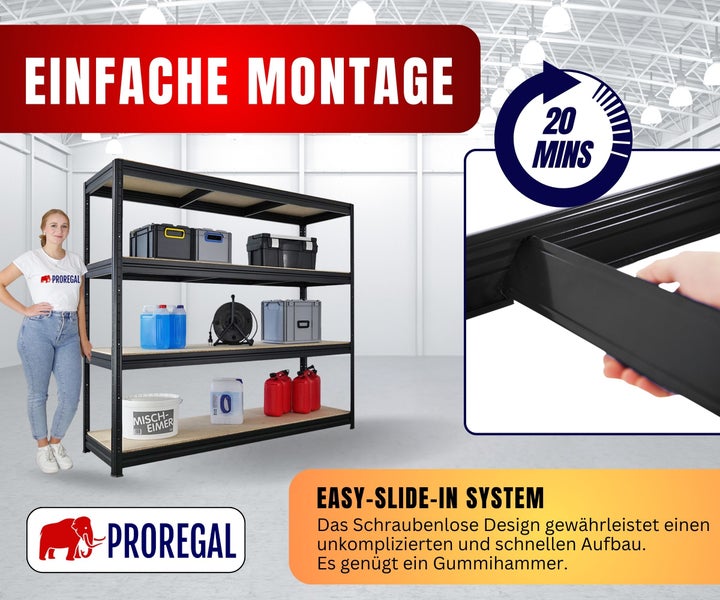 Schwerlastregal aus Metall mit einfacher Montage durch schraubenloses Stecksystem in circa 20 Minuten und Proregal Logo.
