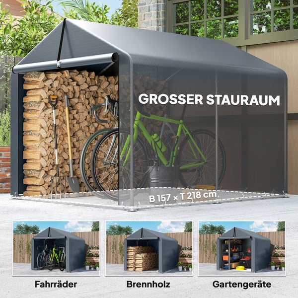 Outdoor-Lagerzelt für Fahrräder, Brennholz und Gartengeräte. Maße: Breite 157 Zentimeter, Tiefe 218 Zentimeter. Graues Gehäuse mit Rolltür.