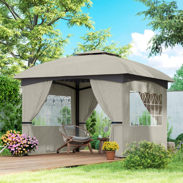 Outsunny Pavillon ca. 3,4x3,4 m wasserabweisend Gartenpavillon mit 4 Seitenteilen, Doppeldach, Partyzelt mit UV-Schutz Gartenzelt mit verzinktem Metallrahmen, für Garten Hellgrau