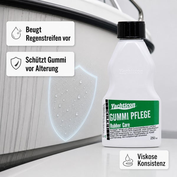 Yachticon Gummipflege 250 Milliliter Flasche zur Reinigung und Versiegelung von Gummioberflächen.