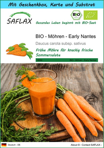 SAFLAX Geschenk Set - BIO - Möhren - Early Nantes - Daucus carota subsp. sativus - 1500 Samen - Mit Geschenkbox, Versandaufkleber, Geschenkkarte und Anzuchtsubstrat