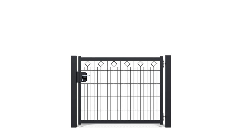 Gartentür ZAUNGURU BASIC-Linie Raute aus Metall, Höhe: 103cm, Breite: 150cm, 1-flügelig inkl. Pfosten, Schloss und Zubehör, Feuerverzinkt und zusätzlich in RAL 7016 Anthrazitgrau pulverbeschichtet