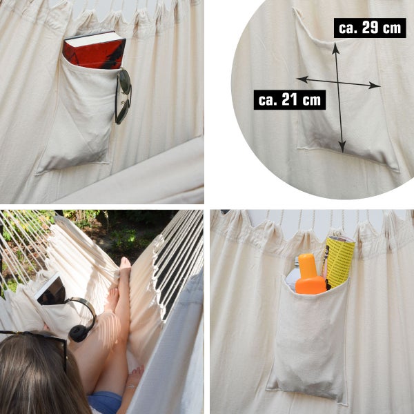 Detailaufnahme eines Holzstabes mit daran befestigtem Seil für Hängematten