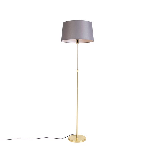 QAZQA - Landhaus I Vintage I Rustikal Stehlampe Gold I Messing I messing mit Leinenschirm grau 45 cm - Parte I Wohnzimmer I Schlafzimmer - Stahl Länglich I Zylinder I Rund - LED geeignet E27