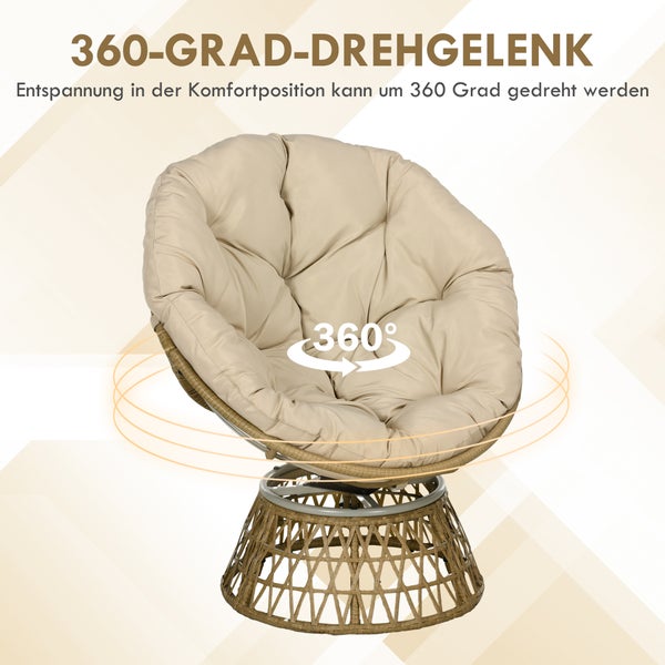 Drehbarer Papasansessel aus Rattangeflecht mit großem Polster und 360 Grad Drehgelenk.