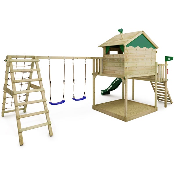 WICKEY Spielturm Klettergerüst Smart Ocean mit Schaukel und Rutsche, Stelzenhaus mit Sandkasten, Kletterleiter und Spiel-Zubehör - grün