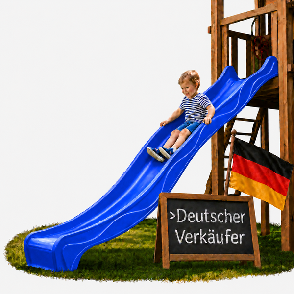 Blaue Wellenrutsche an einem hölzernen Spielturm mit einem rutschenden Kind und Kennzeichnung als deutscher Verkäufer.
