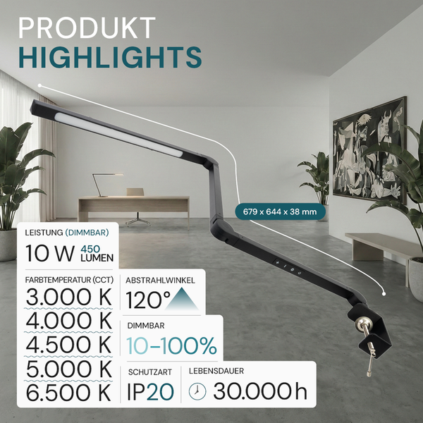 Schwenkbare, dimmbare LED-Tischleuchte mit Klemme zur Befestigung auf Oberflächen.