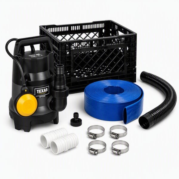 Texas Tauchpumpe WP550E Set mit Ablaufschlauch, Korb, Verbindungsstücken und Schlauchschellen für Entwässerungsarbeiten
