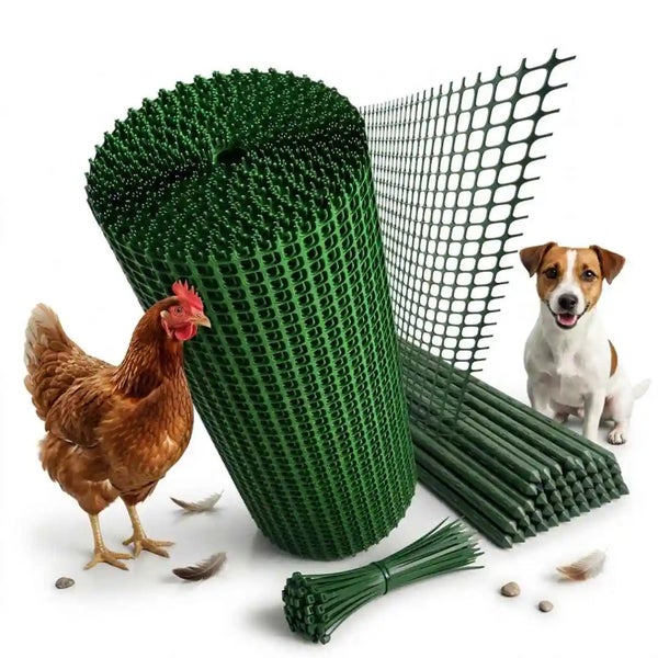 Kunststoffzaun als Rolle mit Gartenpfählen und Kabelbindern für Kleintierhaltung, inklusive Huhn und Hund