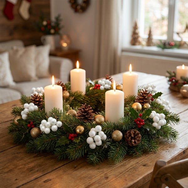 Adventskranz aus Tannenreisig mit vier brennenden Stumpenkerzen, dekoriert mit Tannenzapfen, Beeren und Christbaumkugeln auf einem Holztisch.