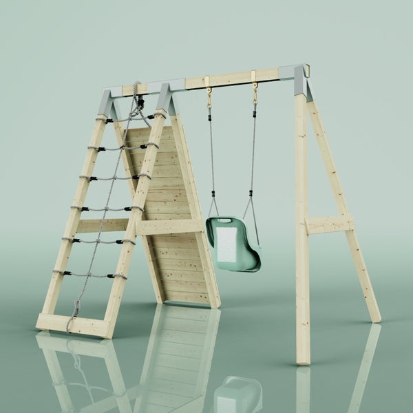 Schaukelgerüst aus hellem Holz mit Kleinkindschaukel, Kletterwand mit hellblauen Griffen, Klettertau und Kletternetz.