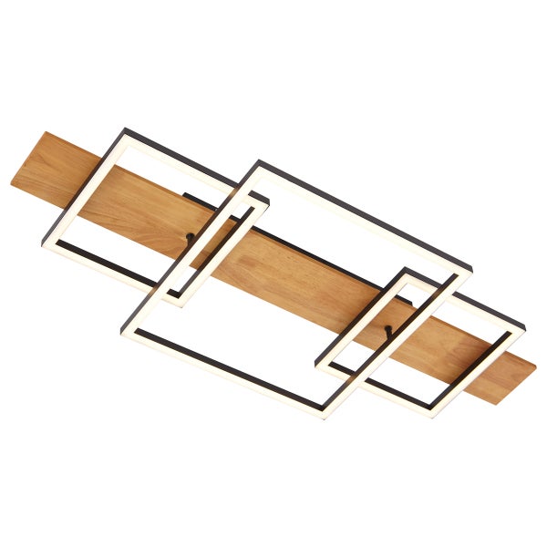 Moderne LED Deckenleuchte mit Holzblende und geometrischen Rechteckrahmen für ein zeitgemäßes Design.