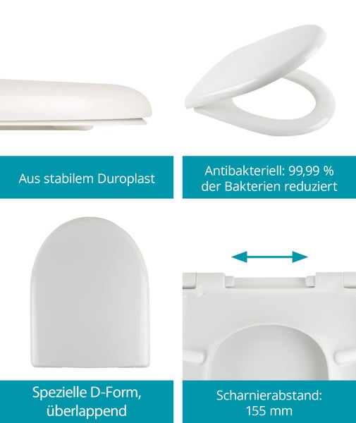 Duroplast Toilettensitz mit antibakterieller Beschichtung und D Form mit einstellbarem Scharnierabstand von 155 Millimeter.